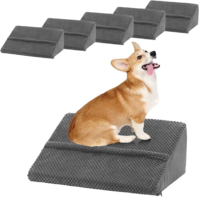 40D Density Foam Dog Ramp with Anti-Slip Bump for Stairs Suits for Small Dogs Cats, Pet Ramp Steps Stairs for Staircase Indoor with Self-Sticky Pads to Fix(6Pack, Gray)