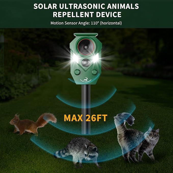 4 Pack Ultrasonic Deer Repellent Devices Outdoor, Solar Animal Repellent Outdoor for Yard Garden Rabbit Repellent Device Effective Repel Cat, Dog, Squirrel, Deer, Raccoon, Rabbit, and Skunk