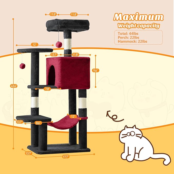 Sweetcrispy 44 Inch Cat Tree Tower, Cat Climbing Tower with Natural Sisal Scratching Posts, Hammock, Pet Condo for Indoor Cats and Kittens Play, Black and Red