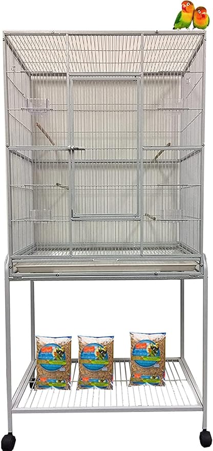 64" Extra Large Wrought Iron Metal Tight 1/2-Inch Bar Spacing Bird Flight Breeder Cage with Side Breeding Nesting Box Doors Easy Clean Pull Out Tray with Removable Rolling Stand