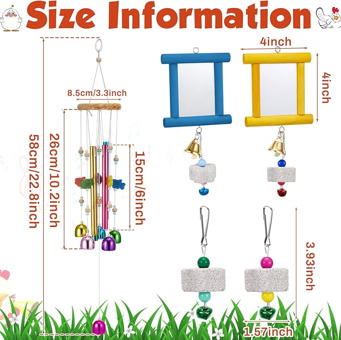 7 Pcs Chicken Toys, Hanging Chicken Wind Chime, 2 Pcs Coop Mirror Toys with Bells 4 Pack Beak Grinding Stones, Musical Coop Accessories for Hens Roosters Chicks Poultry Birds(Yellow，Blue)