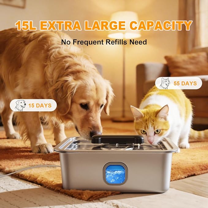 Large Water Fountain for Dog, 4Gallon Stainless Steel Pet Drinking Dispenser Automatic Fresh Flow Bowl Inside with Filter, 15L Extra Huge Refillable Water Dispenser Indoor