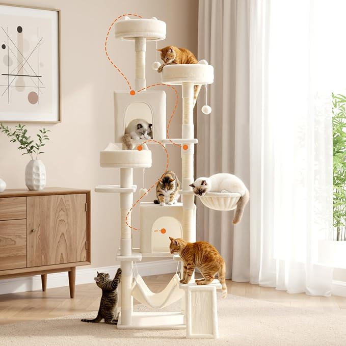DUMOS Tall Cat Tree 75 Inch, Large Multi-Level Cat Tree Tower with Condo, Perches, Sisal Scratching Posts Board and Hammock, Pet Play House with Dangling Balls for Indoor Cats, Beige
