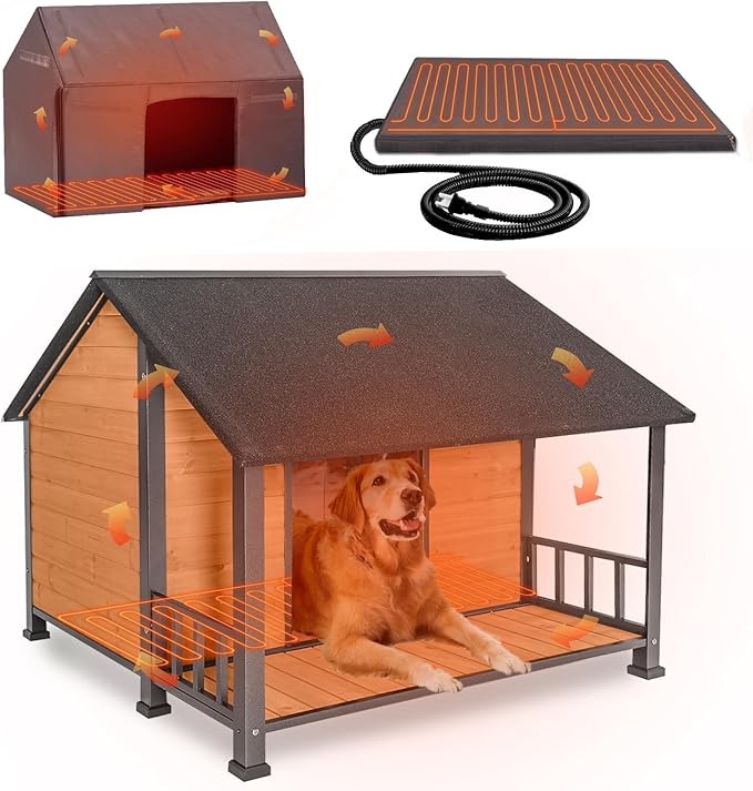 GUTINNEEN Extra Large Heated Dog House for Outside XXL Insulated Dog House Outdoor Dog Kennel with Safe Heated Pad, Chew-Proof Metal Frame, Thermal Liner for Large Dog Breeds, 44.5" L x 45" W x 35" H