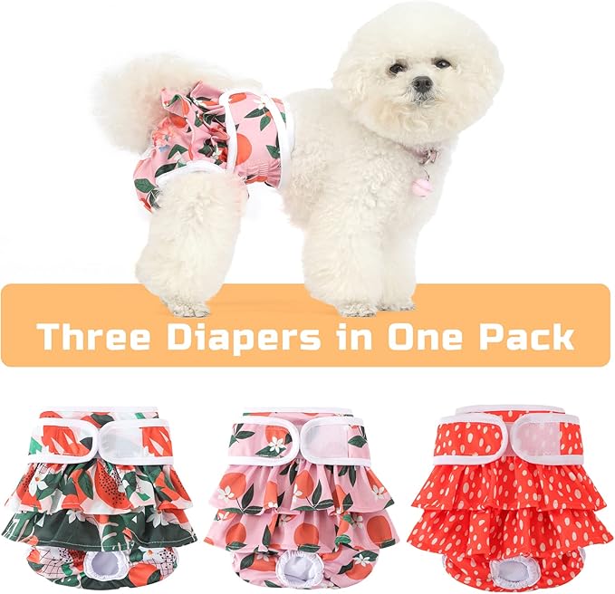 Reusable Dog Diapers Female 3 Pack Reusable Premium Highly Absorbent Doggie Diapers, Flexible Puppy Diapers, Durable Leak-Proof Fruit Dog Diapers for Period Heat Incontinence Puppy Training, M