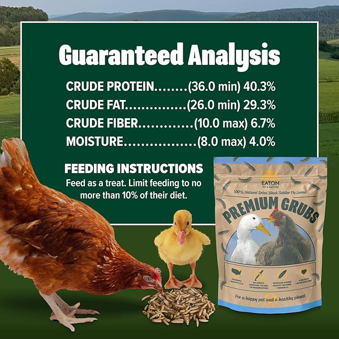 Eaton Pet and Pasture Premium Grubs, USA Grown Dried Black Soldier Fly Larvae, High Calcium Treat for Chickens, Ducks, Wild Birds (1 LB)