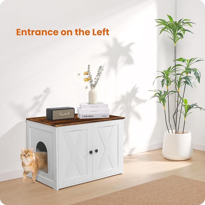 Dwanton Litter Box Enclosure, Cat Litter Box Furniture Hidden, Reversible Entrance Can Be on Left or Right Side, Wooden Cat Washroom Indoor, White and Rustic Brown, 27.6 Inches