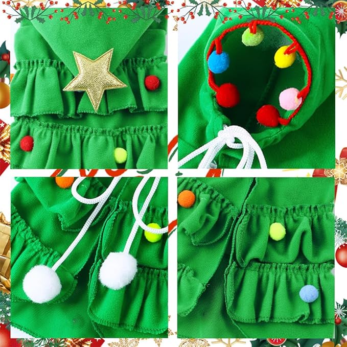Dog Christmas Outfit Green Pet Cloak with Hat with Star and Pompoms Puppy Cape Clothes Xmas Tree Elf Costumes Party Pet Supplies Accessories for Dogs Big Cats Santa Presents