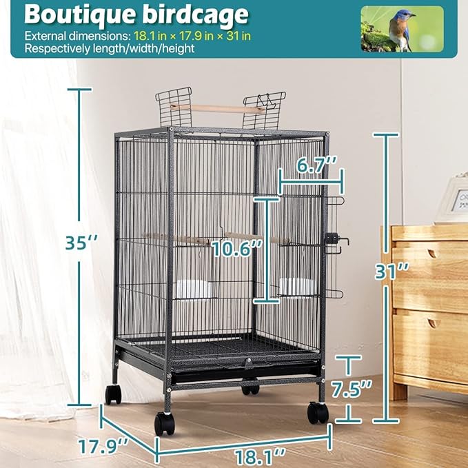 35 Inch Bird Cage with Stand Parrot Cage for Large Birds Parakeet Cages Wrought Iron Parakeet Birdcage with Play Open Top, Bottom Tray, 2 Feeders for Parakeets, Canary, Cockatiel