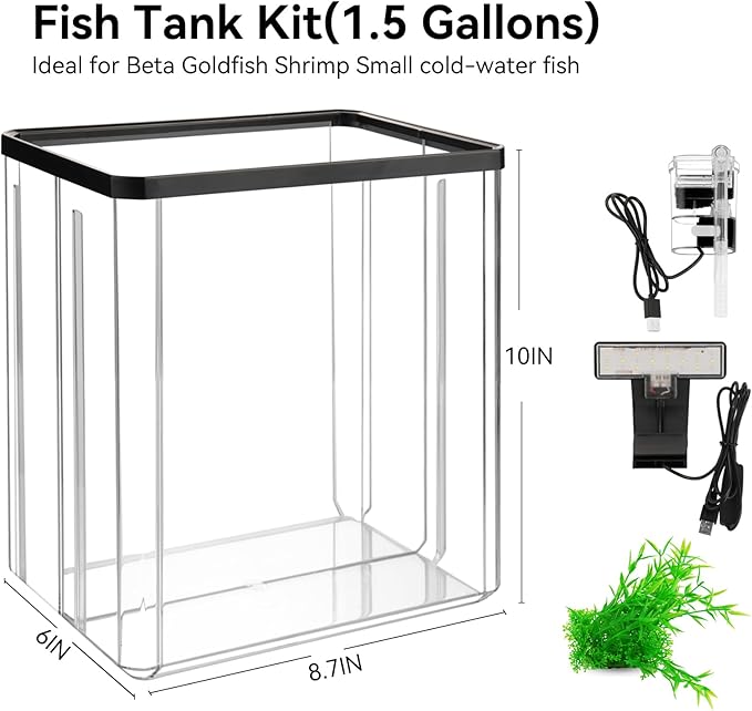 1.5 Gallon Aquarium Starter Kits - Plastic Fish Tank Kit Clear Beta Fish Tank Small with Filteration Oxygenation, Water Circulation, Lighting - Beginner's Gift for Guppy, Shrimp, Goldfish