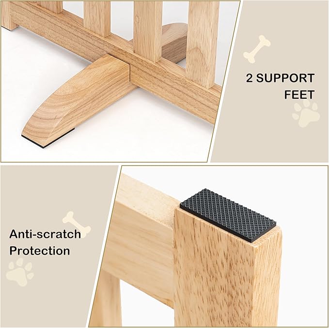 30" Height Tall Freestanding Pet Gate, Solid Wood Folding Safety Fence Wooden Dog Gate with 2 PCs Support Feet Ideal for Stairs, Doorways, Halls, Kitchens, Heavy Duty Gates, 2 Panels, Natural