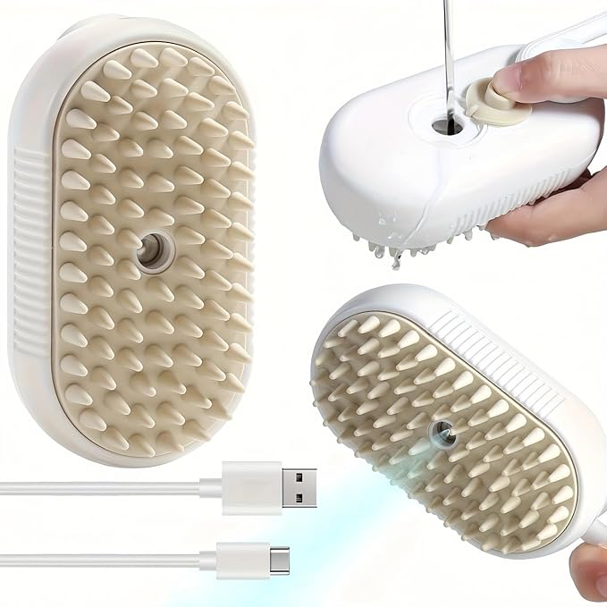 4 in 1 Cat Steam Brush for Shedding, Rechargeable Pet Grooming Brush with Steam Spray, Anti-Static Deshedding & Massage Brush for Indoor Cats and Dogs, Quiet Pet Hair Removal Tool (White)
