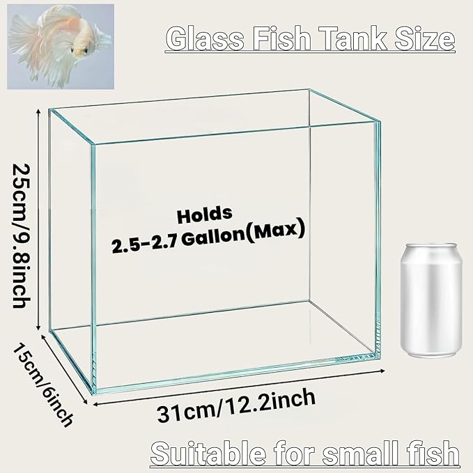 3 Gallon Glass Fish Tank, Small Betta Fish Aquarium, Ultra Clear Rectangular Glass Bowl for Shrimp, Mini Desktop Aquatic Planting Cube for Goldfish Snails, Easy to Clean
