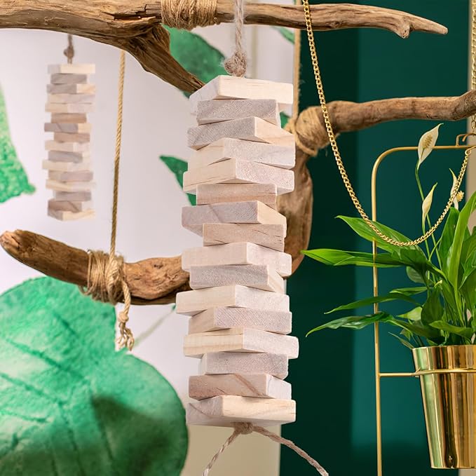 Housoutil Parrots Wooden Blocks, 100PCS Bird Toys, DIY Parrot Bite Wood Chips, Birds Cage Chewing Playing Training Toy for Cockatoos, Macaws, African Grey and Small Medium