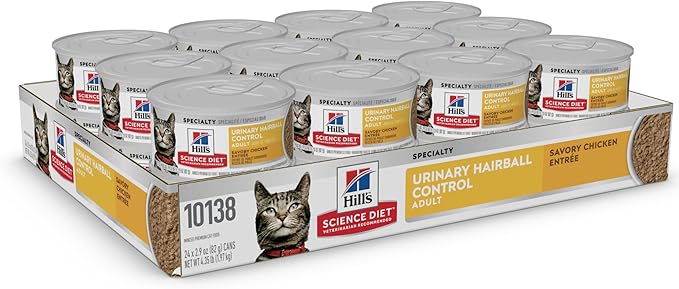 Hill's Science Diet Urinary Hairball Control,Adult 1-6,Urinary Track Health & Hairball Control Support,Wet Cat Food,Chicken Minced,2.9 oz Can,(Pack of 48)