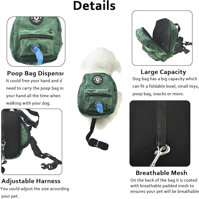 FLAdorepet Dog Backpack Harness with Leash, Dog Poop Bag Dispenser, Pet Self Carrier Adjustable Travel Hiking Walking Harness Backpack for Small Medium Dogs (L(Fit:10-15lb), Green)