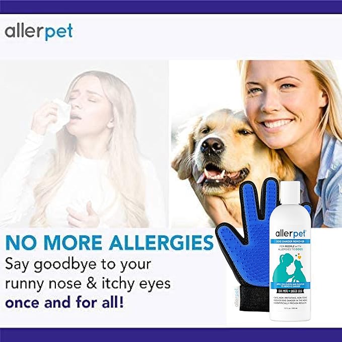 Allerpet Dog Dander Remover w/Free Pair of Grooming Gloves - Best Pet Dander Remover for Allergens - for Canine Dry Skin Treatment - Good for Fur & Skin - (12oz)