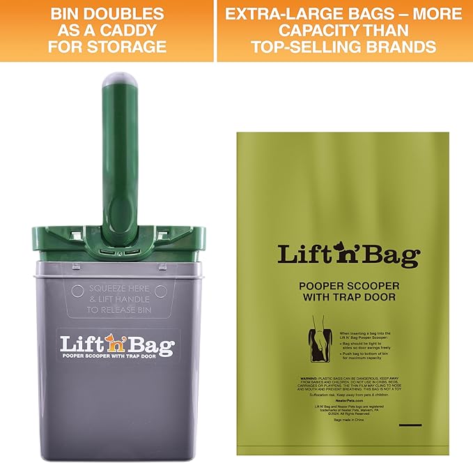 Neater Pet Brands Lift N’ Bag 2.0 Dog Pooper Scooper with Bag Attachment for Small to Large Dogs, New & Improved Design, 195 Refill Bags, Heavy Duty Dog Poop Scooper for Yard & Walks, One-Hand Use