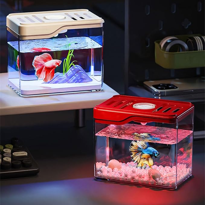 Small Fish Tank,Aquarium Breeding Box-Plastic Breeder Box for Fish Tank,Aquarium Starter Kit with LED Lighting for Baby Shrimp,Betta,Clownfish,Guppy,Lid Included(0.5 Gallons)
