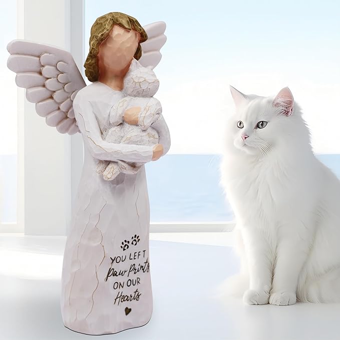 BORLESTA Cat Memorial Gifts for Loss of Cat, Pet Cat Remembrance Gifts, Loss of Cat Sympathy Gifts for Cat Mom, Passed Away Cat Gifts, Hand-Painted Figurines Angel Cat (White)
