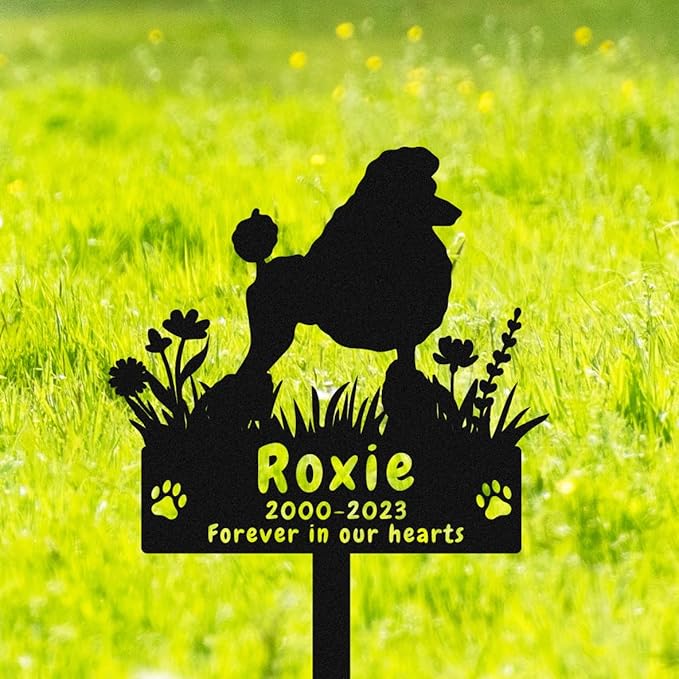 Personalized Flowers Poodle Dog Memorial Grave Marker for Cemetery, Custom Metal Flowers Dog Memorial Stake Grave Marker Poodle Memorial Gift Paws Sympathy Grave Stake for Garden Lawn Yard