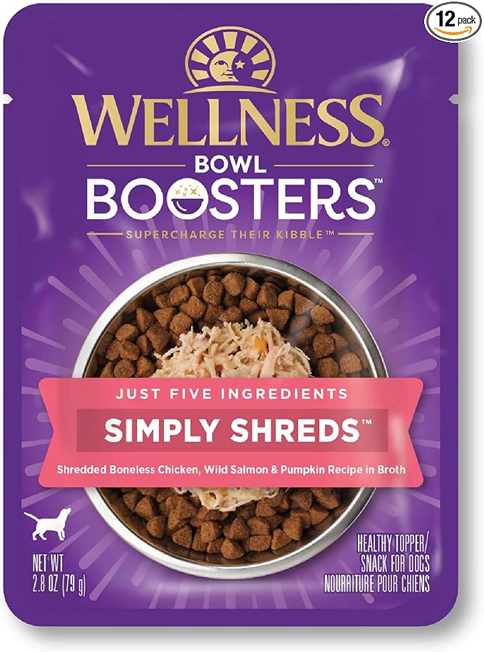 Wellness Bowl Boosters Simply Shreds Wet Dog Food Topper for Small, Medium, and Large Breeds, Grain Free, Natural, Wild Salmon and Pumpkin Recipe, 2.8 oz, Pack of 12 Pouches