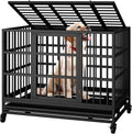 Shintenchi 38 inch Heavy Duty Crates for Large Dog, Indestructible and Escape-Proof Cage Kennel with Lockable Wheels, Double Door High Anxiety with Removable Tray, Black