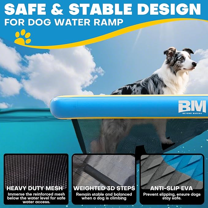 Beyond Marina Dog Pool Ramp - PUP ON! Inflatable Dog Water & Boat Ramp for Lake & Dock, Floating Pontoon Dock Ladder with Non-Slip EVA Platform, Extra Large 5 ft x 4 ft, Blue/Yellow, Supports 230 lbs