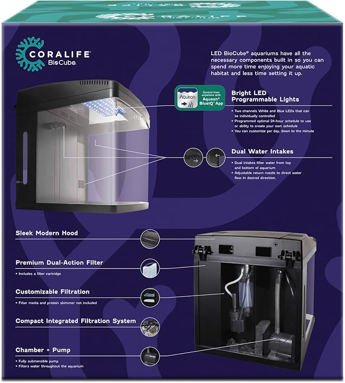 Coralife Smart BioCube Jr, Aquarium Kit, Wi-Fi and Bluetooth Compatible, for Saltwater and Freshwater Environments, 14 Gallons