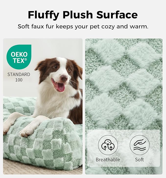 Made4Pets Dog Couch Bed, Soft Faux Fur Checkered Indoor Pet Sofa, Comfortable Fluffy Dog Sofa with Supportive Foam, Removable Washable Cover with Non-Slip Base, Sage Green, Large