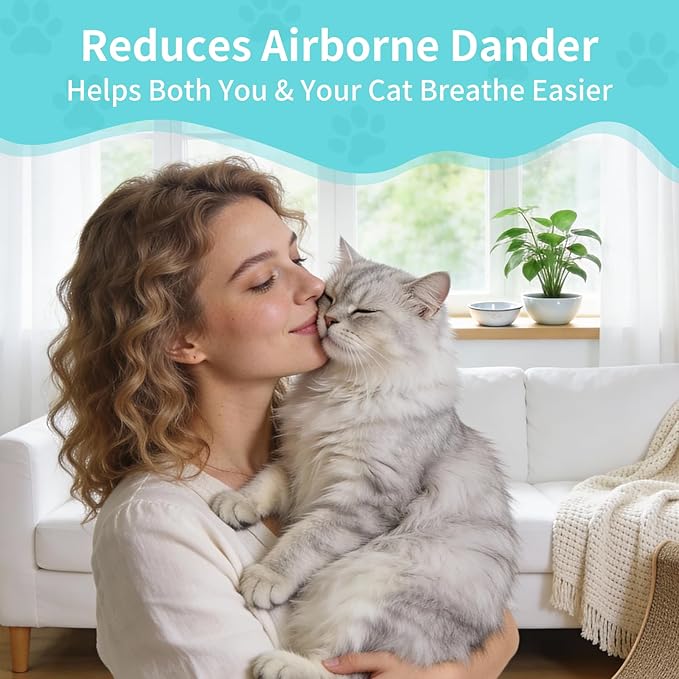 Cat Dander Remover Spray – Natural & Safe Allergy Relief for Cats & Humans, Relieves Itchy Skin & Reduces Dander – Includes 2 Spray Heads & Cleaning Cloth