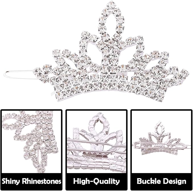 PET SHOW Dog Tiara Crown Hair Clips Bows for Small Dogs Costume Crystal Rhinestone Girls Puppies Barrette Grooming Hair Accessories (2pcs Silver + Pink Crown)