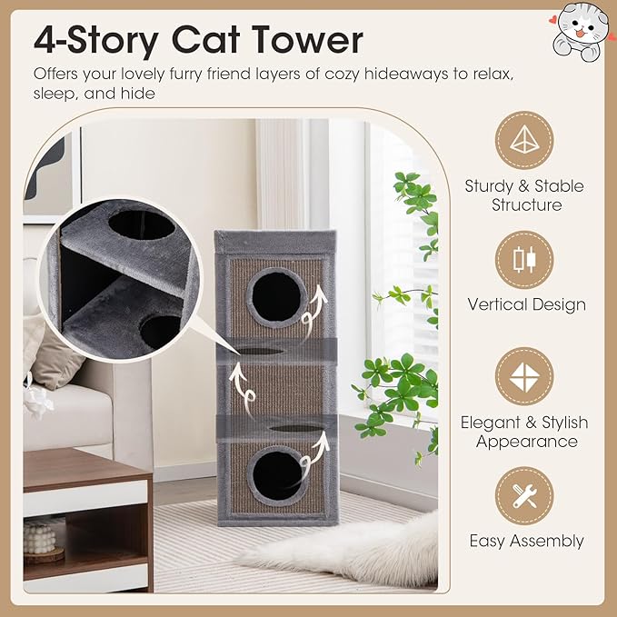 PETSITE 4-Story Cat Tree Condo Barrel Tower, 39 Inches Top High Edge Cat Condo Bed with Removable Cushion, Natural Sisal-Covered Scratching Board Indoor Cat Furniture, Grey
