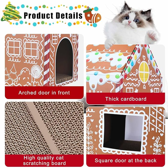 Christmas Gingerbread Cat House 16.5"x 13"x19" Christmas Cardboard Cat Scratcher House with Scratching Pad for Indoor Cats Kittens Large Cat Playhouse