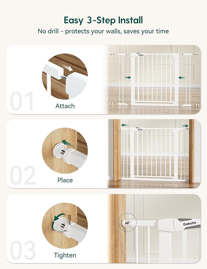 Babelio Metal Baby Gate, 29-48“ Auto Close Easy Install Pet Gate, Extra Wide Walk Thru Child Safety Gate, Pressure Mounted Dog Gate for Doorways & Stairs, with Y Spindle Rods, White