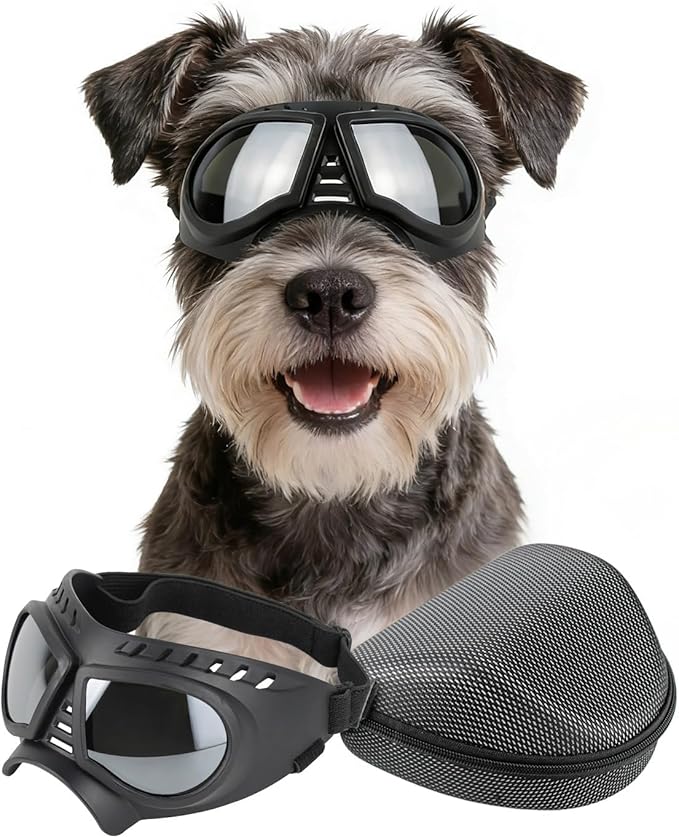 PETLESO Dog Goggles for Small to Medium Breeds, Small Dog Sunglasses UV Protection Windproof Snowproof, Outdoor Driving/Riding/Hiking Eyes Wear, Soft Frame Adjustable Straps, Silver Lens