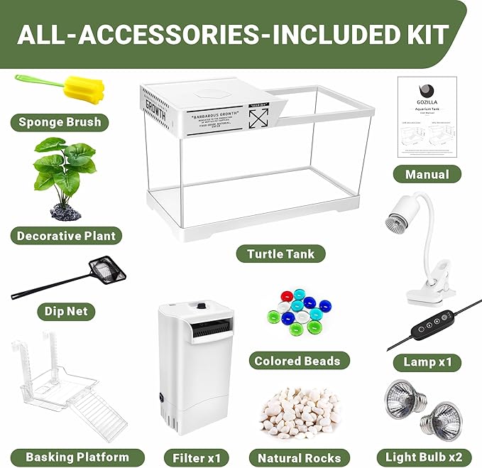 GOZILLA Aquatic Turtle Tank+Lamp+Filter Kit, Upgrade PC Turtle Tank Kit with Adjustable 360°Lamp & Filter,Reptile Habitat Lid,Hanging Platform for Small Reptiles.(19.68× 9.52× 9.44''/Large-White)