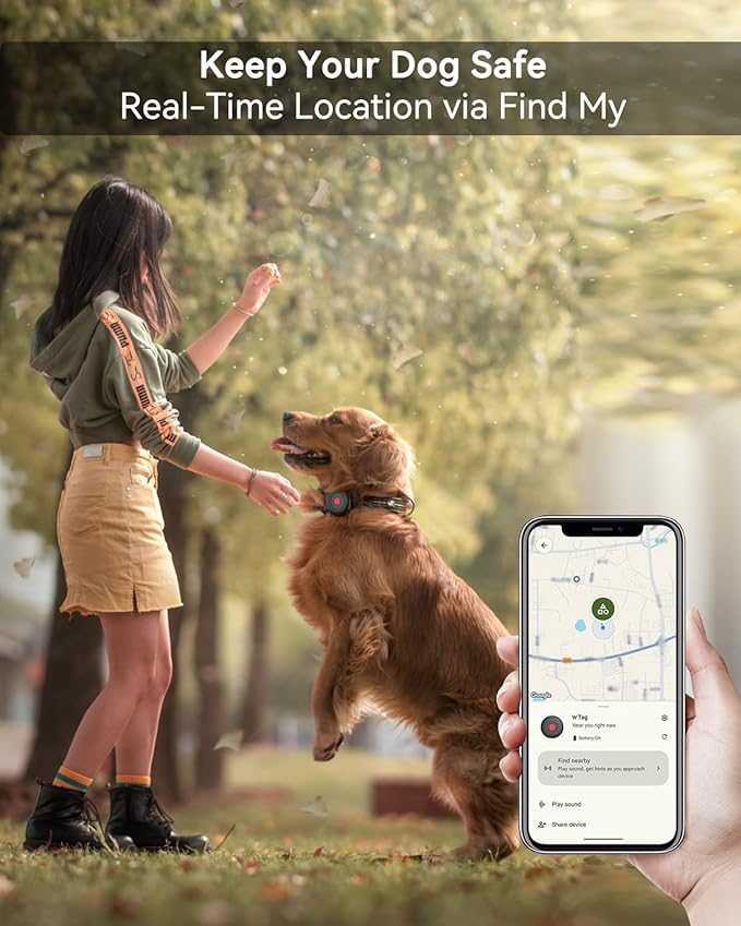 Bluetooth Dog Tracker Tag, Pet Tracker for Dogs with Silicone Collar Holder, Works with Apple Find My & Android Find Hub, IP67 Waterproof Anti-Lost Locator, Black 2 Pack