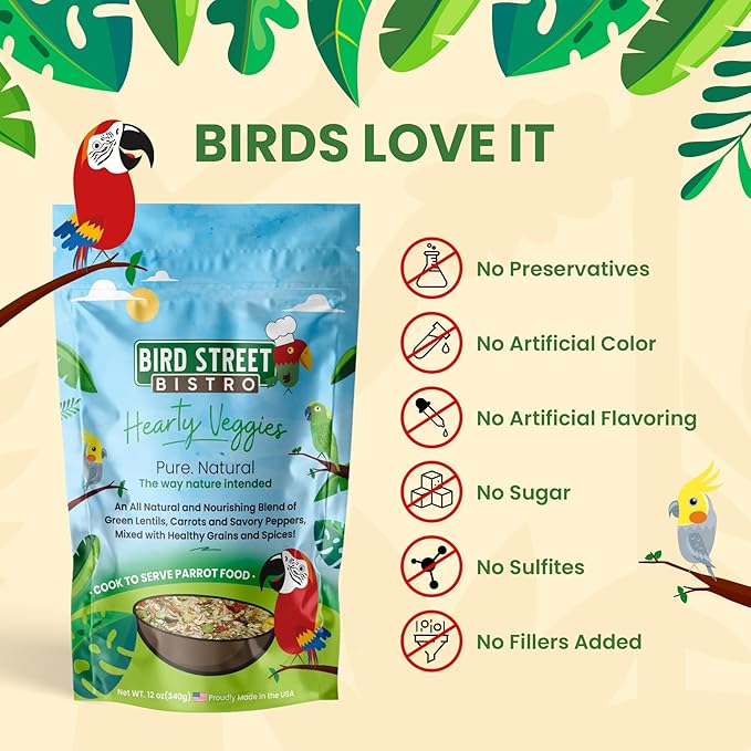 Bird Street Bistro Parrot Food - Parakeet & Cockatiel Food - Cooks in 3-15 min w/Natural Whole Grains, Legumes, Non-GMO Fruits, Vegetables & Health-Oriented Spices