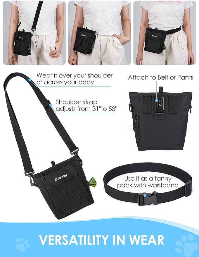 Gobeigo Dog Treat Pouch with Silicone Liner, 【4 Cup】【3 Ways to Wear 】 Treat Bag with Training Clicker, Front Pocket fits All Phones, Upgrade Stronger Magnetic Closure Walking Fanny Pack (Black)