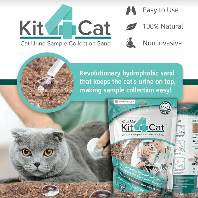 KIT4CAT 2lb Hydrophobic Cat Litter for Urine Sample Collection, Uniquely Made with Natural Sand - Keeps Liquid Clean and On Top | CheckUp on Your Cat's Wellness at Home (3 x 11oz Bags)