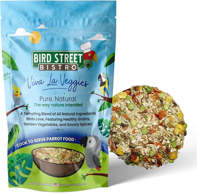 Bird Street Bistro Parrot Food for Parakeets & Cockatiels - Viva La Veggies - 24 oz - Cooks in 3-15 min, Natural Grains, Fruits & Vegetables - USA Made
