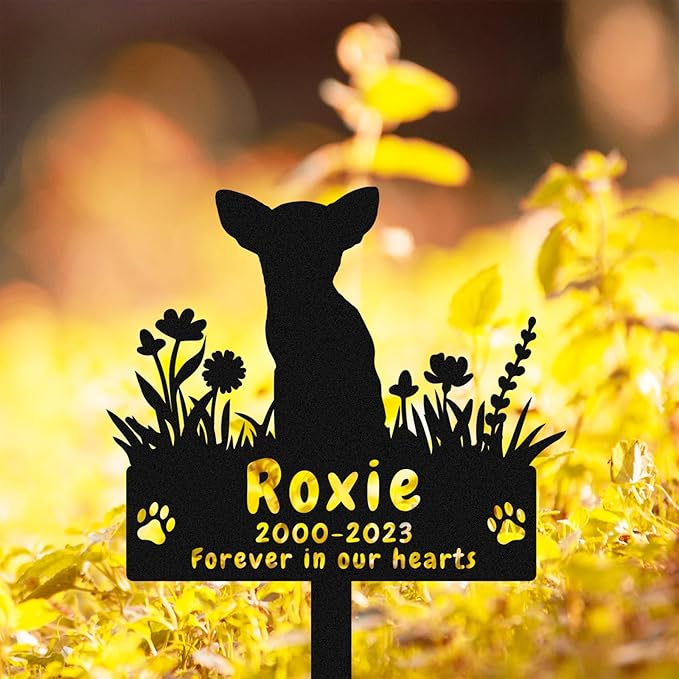 Custom Chihuahua Dog Memorial Garden Stake Grave Marker Metal Engraved Sign, Personalized Flowers Chihuahua Dog Memorial Grave Marker, Customized Dog Memorial Stake Grave Cemetery Marker
