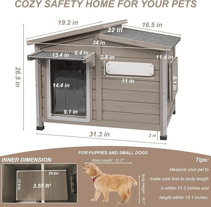 34" L Outdoor Dog House with Removable Floor, Raised Feet, Anti-Chewing Iron Frame – Weatherproof Wooden Kennel with Roof, Movable Window for Indoor/Outdoor Use, Ideal for Small to Medium Dogs