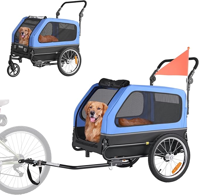 VEVOR Dog Bike Trailer, Supports up to 88 lbs, 2-in-1 Pet Stroller Cart Bicycle Carrier for Small & Large Dogs, Easy Folding Frame with Quick Release Wheel, Universal Bicycle Coupler, Internal Leash