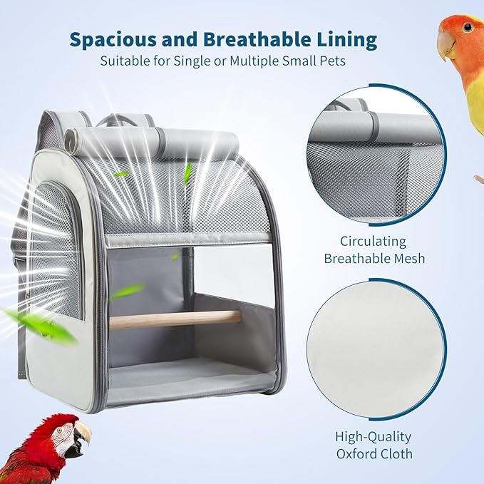Bird Carrier Backpack,Breathable & Portable,Pet Travel Cage with Upgraded Tray and Standing Perches,Lightweight Foldable Birds Travel Cage for Hiking Camping,for Small Birds, Green Cheek