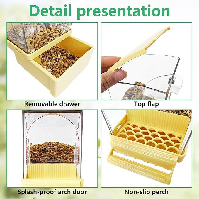Hamiledyi Automatic Bird Feeder No Mess Bird Cage Feeder Transparent Acrylic Parrot Seed Food Container with Perch Cage Accessories for Parakeet Finch Lovebirds Budgies Canary (Yellow)