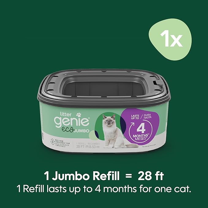 Litter Genie Eco Refills | Compostable Cat Litter Bags Jumbo 2-pack | Up to 4 Months of Supply in 1 Cartridge