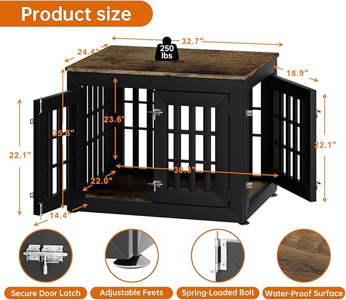 32" Heavy Duty Dog Crate Furniture for Small,Medium and Large Dogs,Rustic Wooden Dog Cage Kennel Indoor Furniture with Waterproof Top,Decorative Pet House Side End Table (Black & Wood)