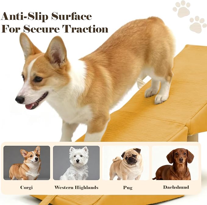 Split Ottoman Dog Ramp for Couch and Low Bed, 2-in-1 Foldable Dog Stairs for Small Dogs and Cats, Wooden Pet Ramp with Non-Slip Surface, Portable Step Stool Design, Orange